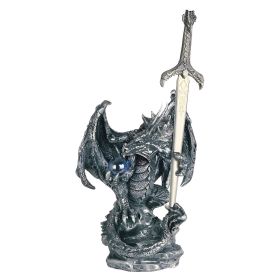 5"H Medieval Silver Dragon Holding Blue Gemstone and Sword Guardian Figurine Home Decor Gift