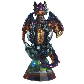 4.75"H Purple Dragon with Golden Tip Wings Sitting on Faux Crystal Glass Figurine Home Decor Gift