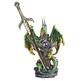 5"H Green Dragon with Sword Embracing Cross Figurine Home Decor Gift
