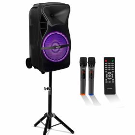 5 Core Party Speaker Bluetooth 800W Big Monster Powered Rechargeable Outdoor PA DJ System w Disco Lights 2 Wireless Karaoke Mics Portable Rolling Spea