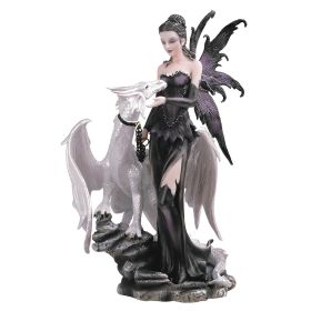 10"H Gothic Black Fairy with White Dragon Figurine Home Decor Gift