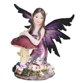 5"H Blue/Purple Fairy with Clear Wings Leaning on Mushroom Figurine Home Decor Gift