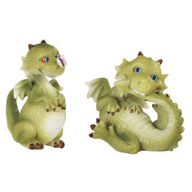 2-PC Cute Green Dragon Baby with Butterfly Figurine Set 3.5"H Home Decor Gift