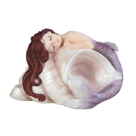 4.5"W Purple Tailed Baby Mermaid Sleeping on Ocean Sconce Shell Mergirl Figurine Home Decor Gift