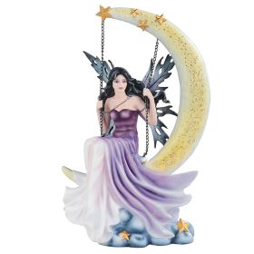 13"H Purple Fairy Swing on The Moon with Stars Figurine Home Decor Gift