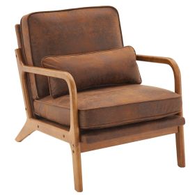 Modern Accent Chair with Oak Armrests Upholstered Single Leisure Lounge Chair with Orange Foil Fabric Cushion Indoor Reading Chair for Living Roo