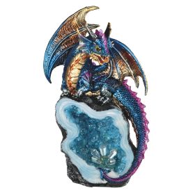 8"H Blue Baby Dragon Guarding Blue Faux Crystal Cave Figurine Home Decor Gift