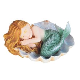4.5"W Green Tailed Baby Mermaid Sleeping on Oyster Shell Mergirl Figurine Home Decor Gift