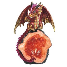 8"H Red Volcano Dragon Guarding Faux Crystal Cave Figurine Home Decor Gift
