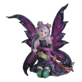 6"H Purple Fairy with Black Cat Figurine Home Decor Gift