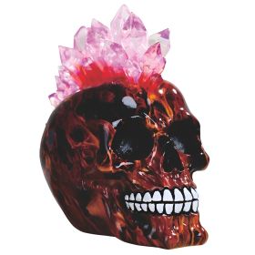 7"W LED Light Red Fire Punk Skull with Mohawk Faux Crystal Hair Figurine Home Decor Gift