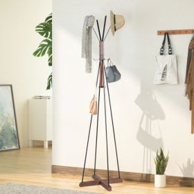 Freestanding Wooden Coat Rack with 8 Hooks Natural Wood Grain Finish Durable and Stable Entryway Organizer Stand for Clothes Hats Bags Cross Base