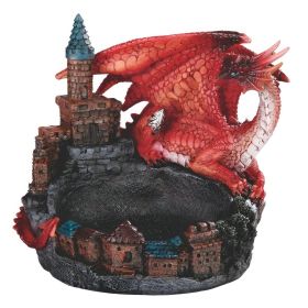 6"W Red Dragon with Castle Dish Figurine Home Decor Gift