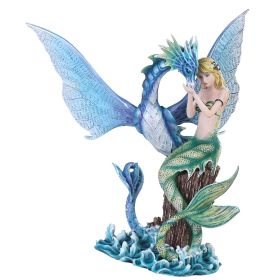 11"H Blue Mermaid with Sea Serpent Figurine Home Decor Gift