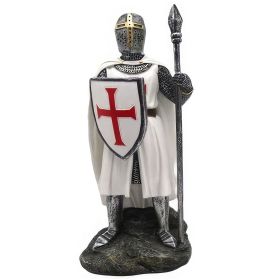 7"H White Crusader With Spear and Shield Figurine Home Decor Gift