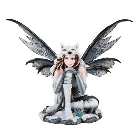 18"W White Fairy Sitting with Wolf Cap Figurine Home Decor Gift
