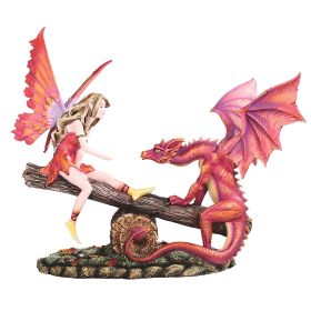 11"W Red Fairy and Dragon on SeeSaw Figurine Home Decor Gift