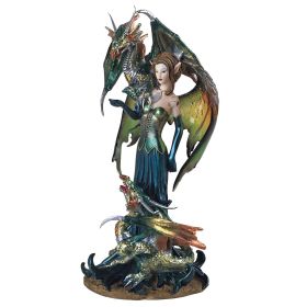 9.5"H Green Fairy with Clear Wings and Two Dragons Figurine Home Decor Gift