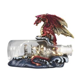 7"W LED Red Dragonwith Ship-in-Bottle Figurine Home Decor Gift