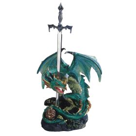 8"H Medieval Green/Blue Dragon with Sword Figurine Home Decor Gift