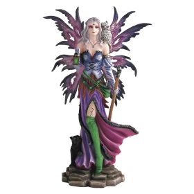13"H Purple Fairy Holding Lantern with Owl and Black Cat Figurine Home Decor Gift