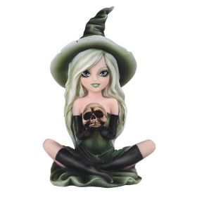 6.5"H Green Witch Girl with Skull Figurine Home Decor Gift