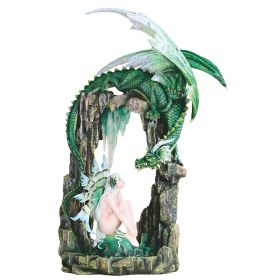 21"H Green Forest Fairy in Dragon Cave Figurine Large Sculpture Home Decor Gift
