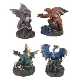 4-PC Green, Blue, Red, and Purple Dragons Standing on Rock 3"H Figurine Set Home Decor Gift