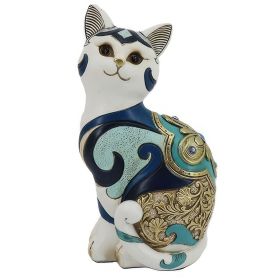 8"H White and Blue Cat Figurine Home Decor Gift
