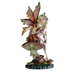8"H Brown Butterfly Wings Autumn Fairy Sitting on Mushroom Figurine Home Decor Gift