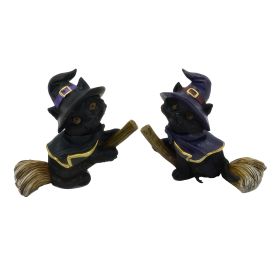4.25"W 2-PC Cat Fly on Broom Figurine Set Home Decor Gift
