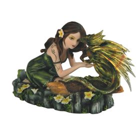 6.75"W Green Forest Fairy with Baby Dragon Figurine Home Decor Gift