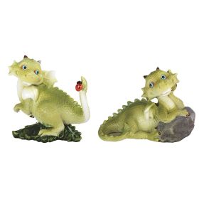 2-PC Cute Green Dragon Baby with Ladybug Figurine Set 3.75"W Home Decor Gift