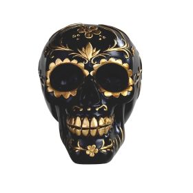 6.25"W Day of The Dead Floral Skull Black Sugar Skull Tattoo in Gold Figurine Home Decor Gift