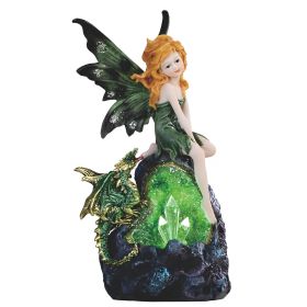 8"H Green Fairy and Baby Dragon with LED Faux Crystal Stone Figurine Home Decor Gift