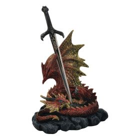 5.75"H Red Dragon Guarding Sword Figurine Home Decor Gift