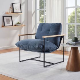 Modern Accent Chair, Comfy Chair with Removable Cushion, Vanity Chair with Wood Armrests for Living Room, Bedroom, Blue