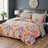 3 Piece King Comforter Set, Boho Pattern, Gray with Rainbow Floral