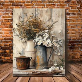 1 Piece Framed Wooden Canvas Painting, Rustic Wood Frame Canvas Art - Cream Yellow Wood Grain With White Jasmine Flowers With Rust Colored Wateri (Option: 24x18inch)