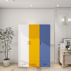 Doors Bedroom Armoire Wardrobe Closet Cabinet, Wardrobe Closet with Hanging Rod, Wood Closet Wardrobe for Large Storage, Armoires and Wardrobes with D (Color: Yellow+Blue+White)