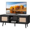 VEVOR Rattan TV Stand, Boho TV Cabinet for 55 inch TV, Mid Century Modern TV Stand, Rattan TV Console with Adjustable Shelfs for Living Room, Media Ro