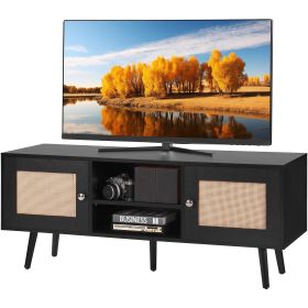 VEVOR Rattan TV Stand, Boho TV Cabinet for 55 inch TV, Mid Century Modern TV Stand, Rattan TV Console with Adjustable Shelfs for Living Room, Media Ro (Color: Black, size: 47 inches)