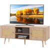 VEVOR Rattan TV Stand, Boho TV Cabinet for 55 inch TV, Mid Century Modern TV Stand, Rattan TV Console with Adjustable Shelfs for Living Room, Media Ro