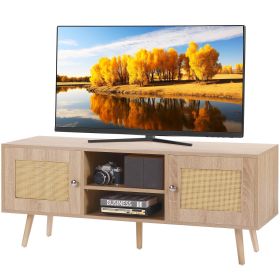 VEVOR Rattan TV Stand, Boho TV Cabinet for 55 inch TV, Mid Century Modern TV Stand, Rattan TV Console with Adjustable Shelfs for Living Room, Media Ro (Color: Oak, size: 47 inches)