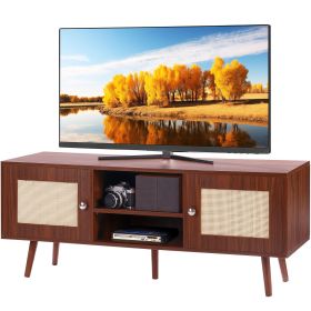 VEVOR Rattan TV Stand, Boho TV Cabinet for 55 inch TV, Mid Century Modern TV Stand, Rattan TV Console with Adjustable Shelfs for Living Room, Media Ro (Color: Walnut, size: 47 inches)