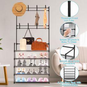 5-Tier Dustproof Entryway Hall Tree Coat Rack Shoe Rack With 8 Removable Hooks Freestanding Shoe Storage Shelf Hat Clothes Organizer For Front Door Be (Color: Black)